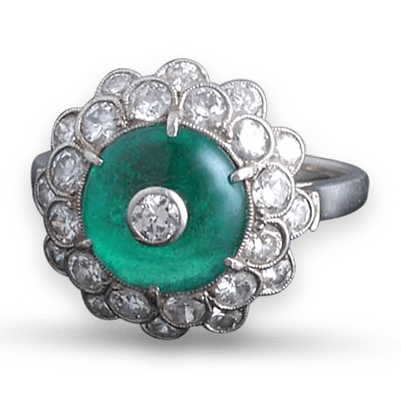 Women’s gold rings with shimmering opal centerpieces -Art Deco Cabochon Emerald Ring, 3.00 Carats