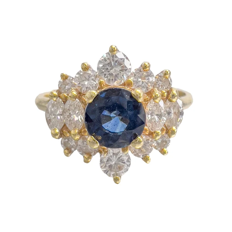 Women’s rings with polished jade for calm -18k Yellow Gold 0.75ct Sapphire Diamond Cluster Cocktail Ring 0.50ctw sz 8.75