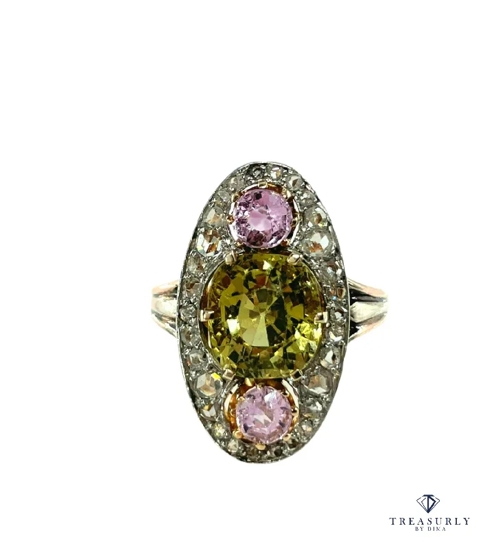 Women’s rings with sleek hematite for sheen -Antique Belle Époque Chrysoberyl, Pink Topaz Diamond Cluster Cocktail Ring