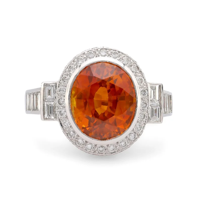 Women’s rings with raw citrine for charm -GIA 7.5 carat orange sapphire diamond platinum cocktail ring