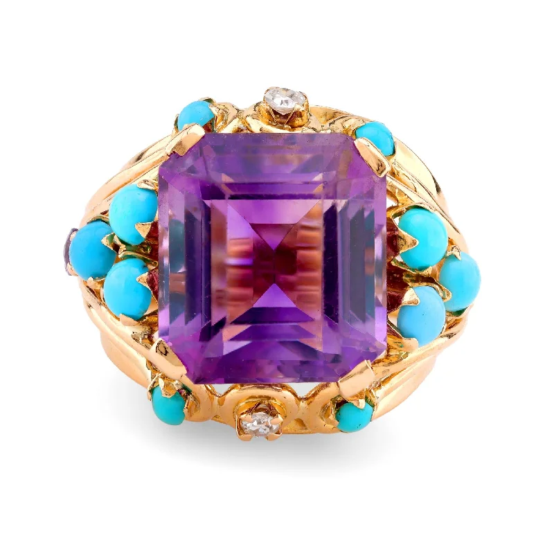 Women’s rings with starburst garnet for beauty -Retro French 11 Carat Amethyst Turquoise Diamond 18K Yellow Gold Cocktail Ring