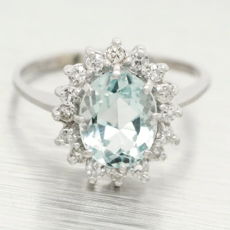 Women’s rings with rough garnet for rugged -Vintage Aquamarine & Diamond Halo Cocktail Ring - 14k White Gold - Size 7.25