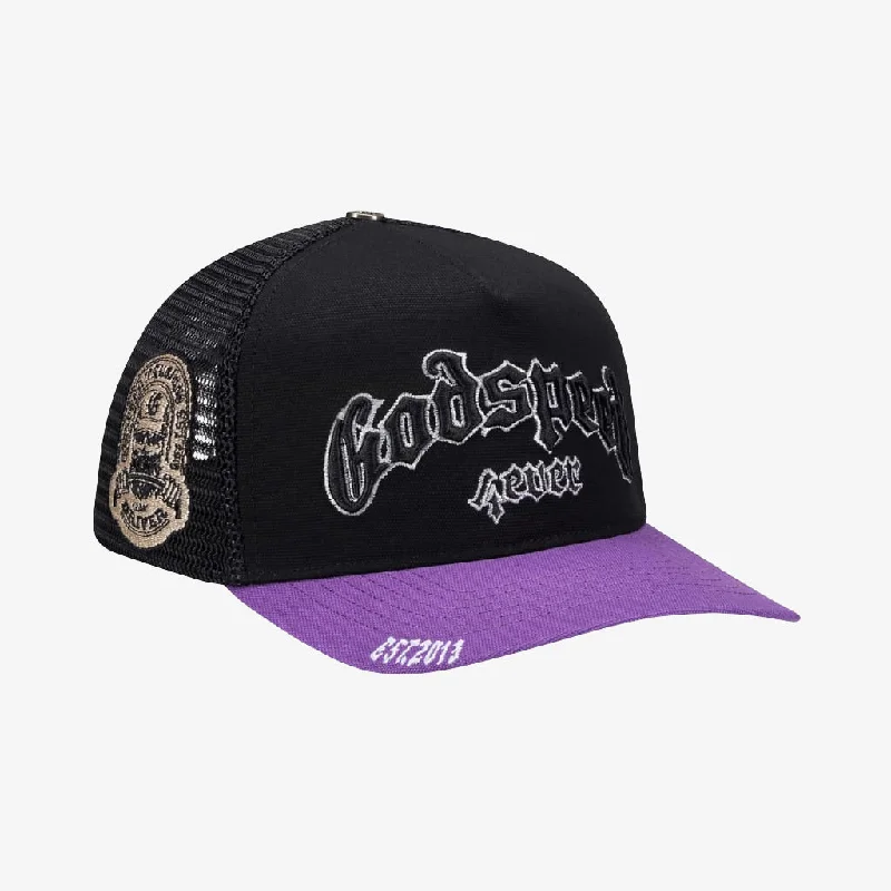 Lightweight cap for summer hiking trails -Godspeed 'GS Forever' Trucker Snapback Hat Purple / Black