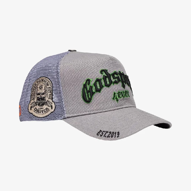 Black mesh cap for breathable summer wear -Godspeed 'GS Forever' Trucker Snapback Hat Grey / Green