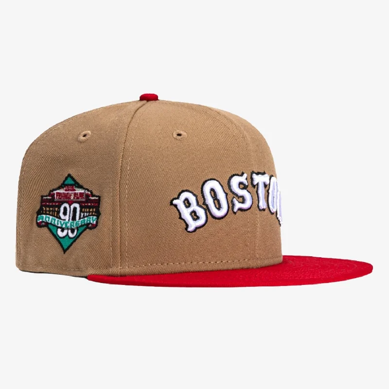 Minimalist cap for sleek simple style -New Era x MLB 'Boston Red Sox 90th Anniversary Stadium' 59Fifty Patch Fitted Hat Khaki / Red