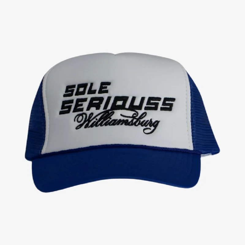 Washed cap with soft vintage feel -SOLE SERIOUSS 'Williamsburg' Trucker Hat Royal Blue (FW23)