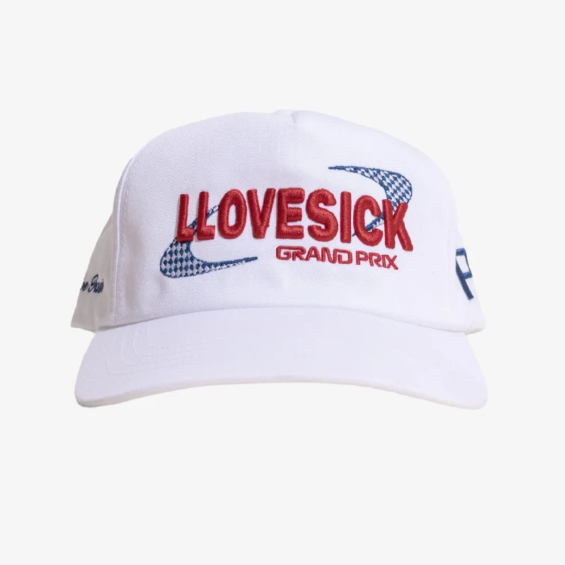 Bright red cap for standout team spirit -LLovesick 'P1 Grand Prix / Live Fast' 2D Embroidered 5-Panel Snapback Cap White / Red LL1-127-WHT