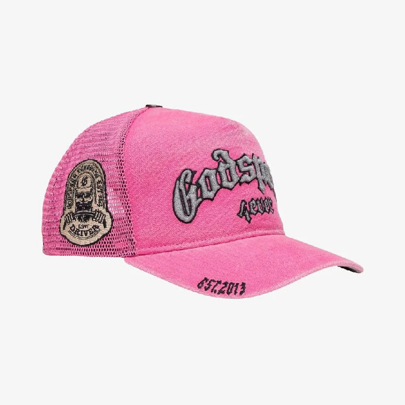 Soft cap for sensitive scalp comfort -Godspeed 'GS Forever' Trucker Snapback Hat Washed Fuchsia