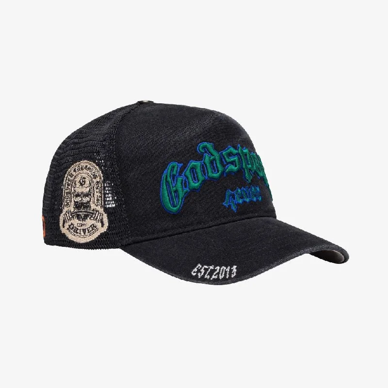 Sports fan cap with bold team colors -Godspeed 'GS Forever' Trucker Snapback Hat Washed Black / Green