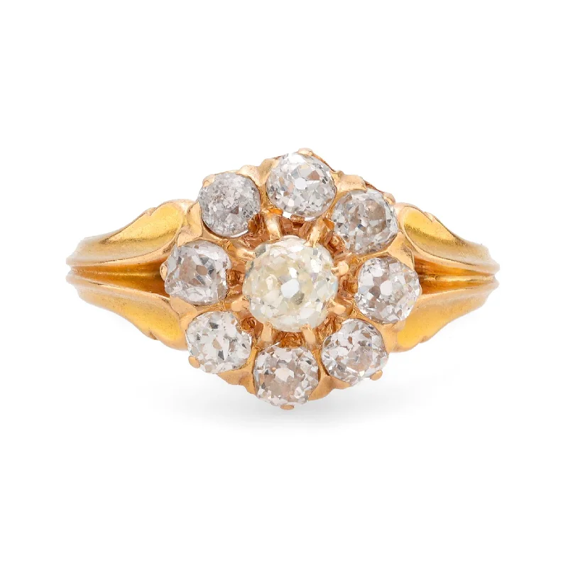 Women’s rings with vintage claw prong settings -Victorian French diamond 18k yellow gold cluster ring