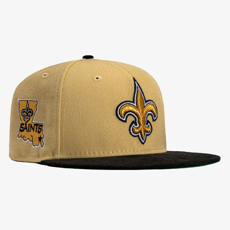 Breathable mesh cap for hot weather comfort -New Era x NFL Cord Visor 'New Orleans Saints Logo' 59Fifty Patch Fitted Hat Tan / Black