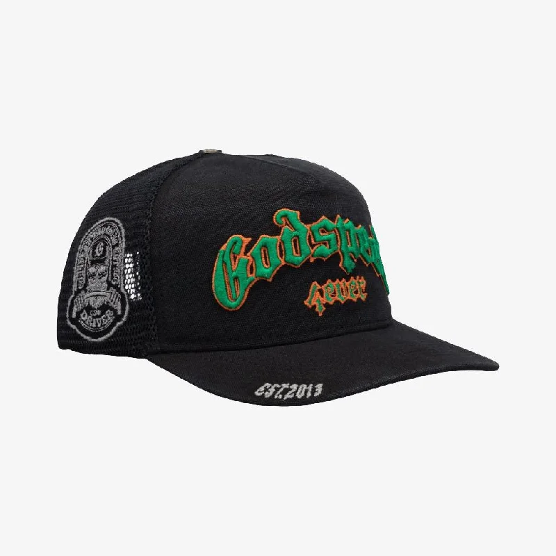 Trucker cap with funny slogan prints -Godspeed 'GS Forever' Trucker Snapback Hat Vintage Black / Green