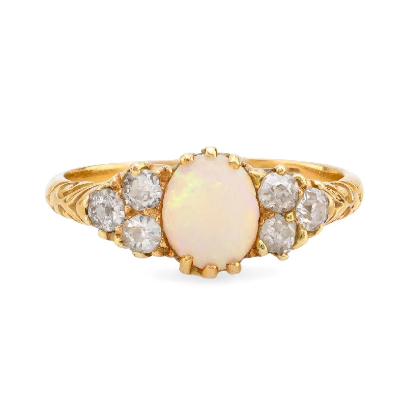 Women’s rings with carved rose quartz designs -Victorian opal diamond 18k yellow gold ring