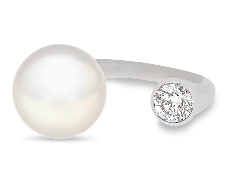 Women’s rose gold rings with moonstone glow -Pearl and Diamond Open Ring