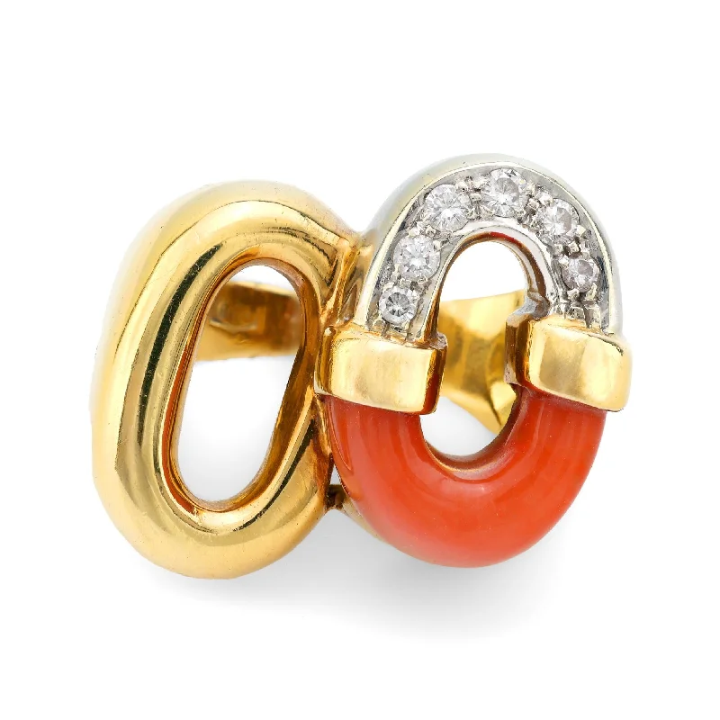 Women’s rings with smoky quartz for depth -Vintage Italy diamond coral 18k gold cocktail ring