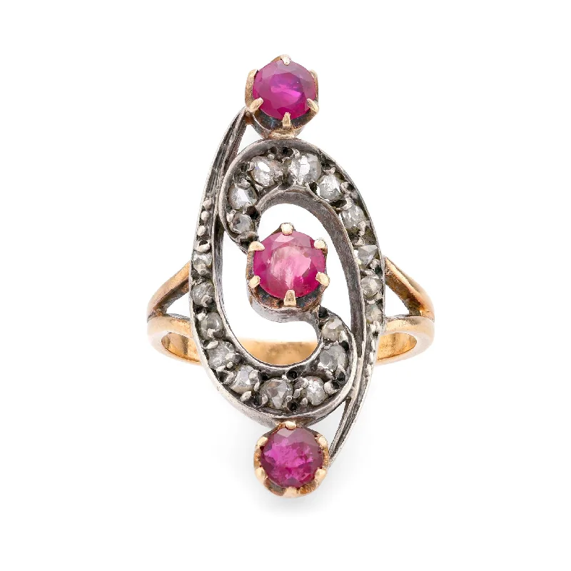 Women’s rings with vibrant aventurine for luck -Belle Époque French ruby diamond 18k yellow silver ring