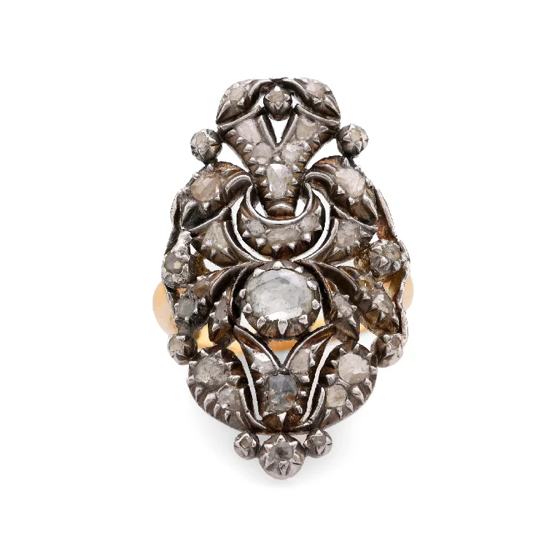 Women’s rings with matte silver for understated -Antique style rose cut diamond 18k yellow gold silver Navette ring