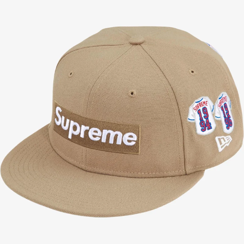 Premium cap with leather strap accent -Supreme x New Era 'Baseball Jerseys Box Logo' Fitted Hat Khaki (FW24)