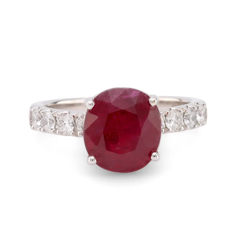 Women’s rings with hexagon-cut amethyst stones -Confident GIA 3.7 carat oval cut ruby diamond 18k white gold ring