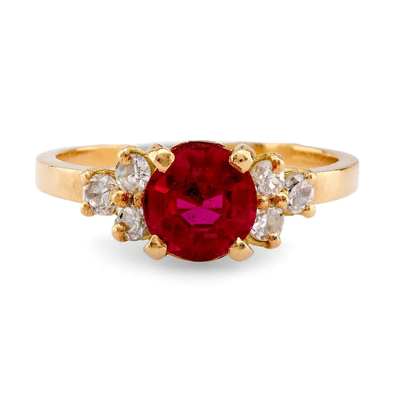 Women’s rings with spiral onyx for contrast -Vintage French Ruby Diamond 18K Yellow Gold Ring