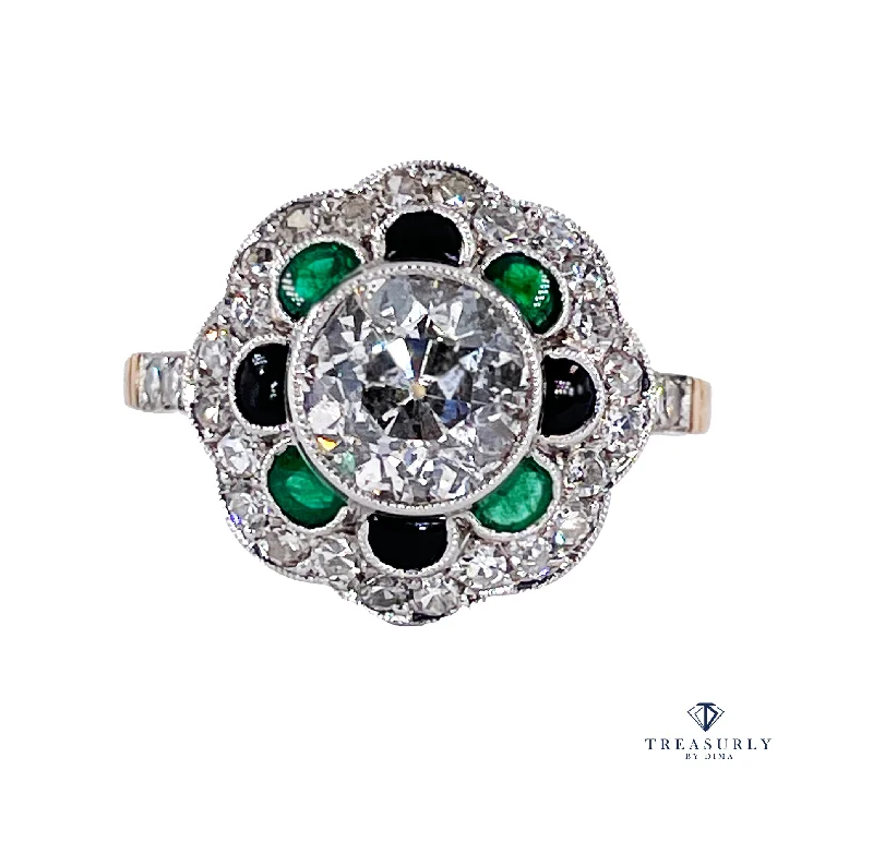 Women’s rings with lotus-inspired sapphire bands -1915 Antique 2.27ctw OLD EUROPEAN Diamond Emerald Black Onyx Cocktail Flower Cluster Platinum 18K Gold Ring