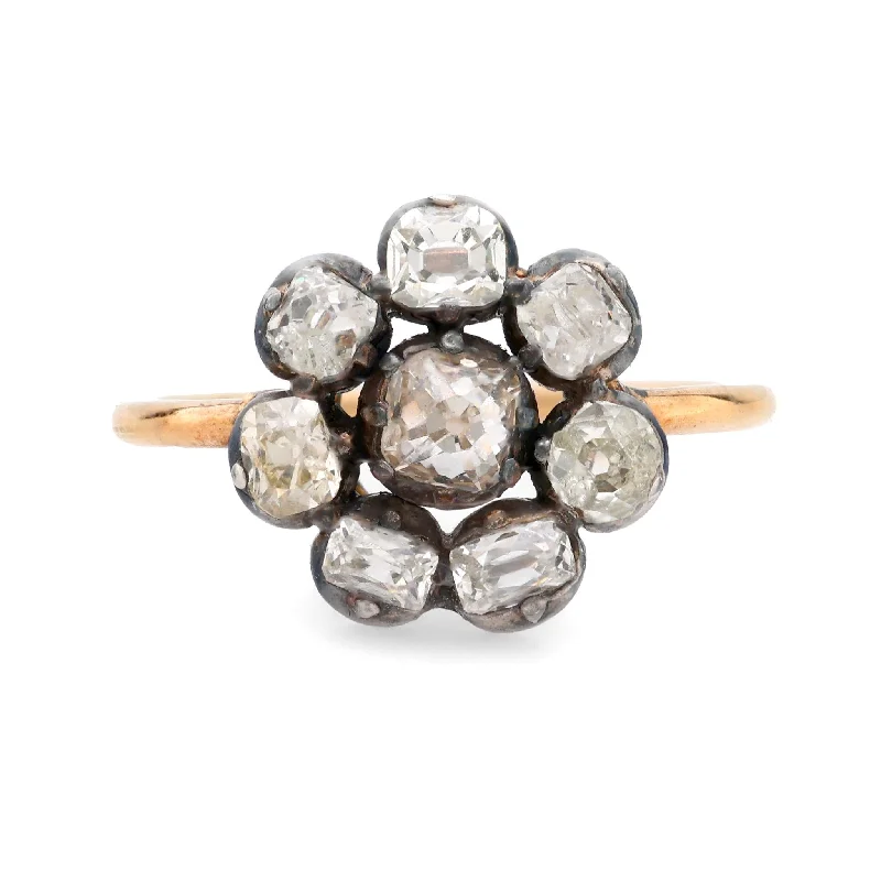 Women’s rings with sleek hematite for sheen -Georgian 2 carat total weight diamond 18k yellow gold silver cluster ring