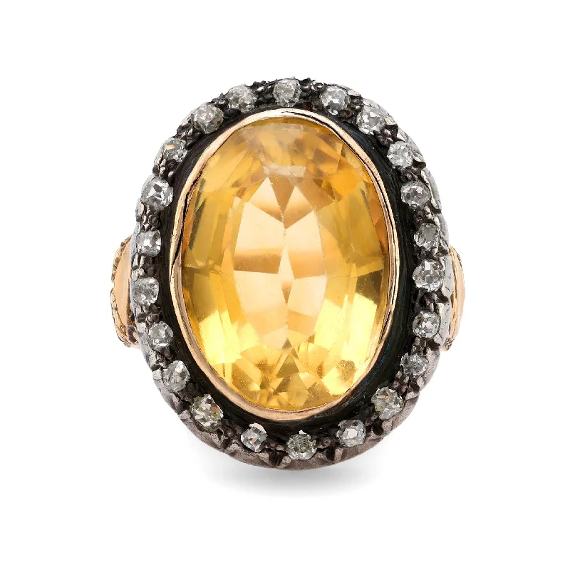 Women’s rings with black onyx for edge -Georgian 8.40 carat citrine diamond 18k yellow gold silver cluster ring