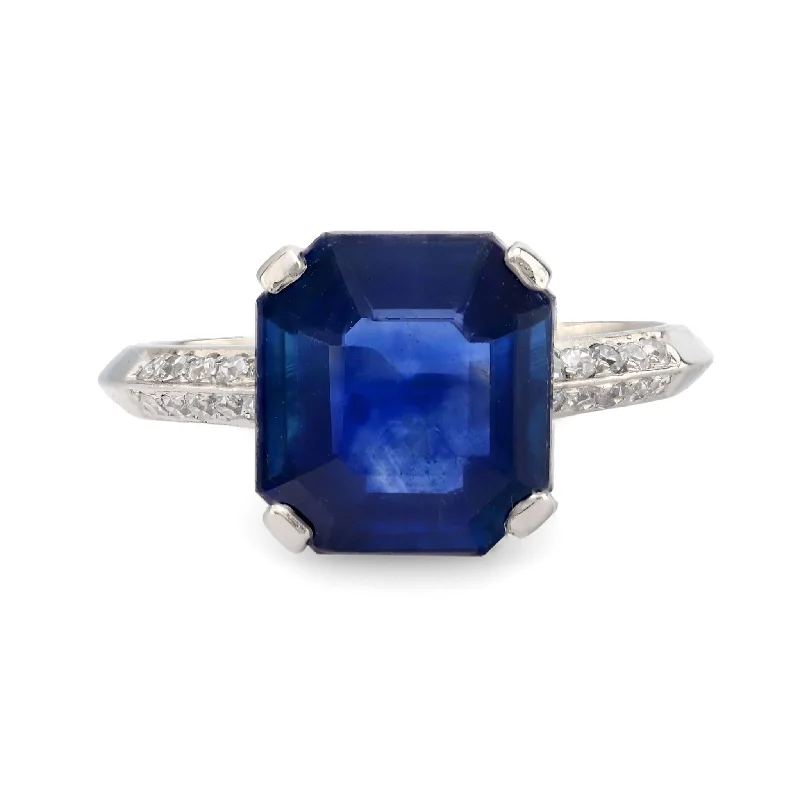 Women’s rings with aquamarine gems for calm -GIA 4.84 carat Asscher cut blue sapphire diamond platinum ring