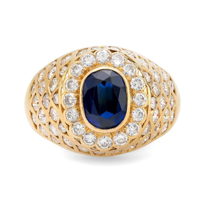 Women’s rings with bold agate for earth -GIA 2.10 carat oval cut sapphire diamond 18k yellow gold dome ring