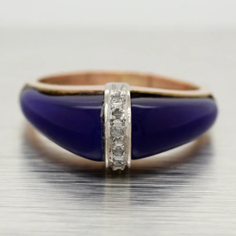 Women’s rings with matte silver for understated -Vintage Blue Lapis Lazuli and Diamond Band Ring - 14k Yellow Gold - Size 6.25