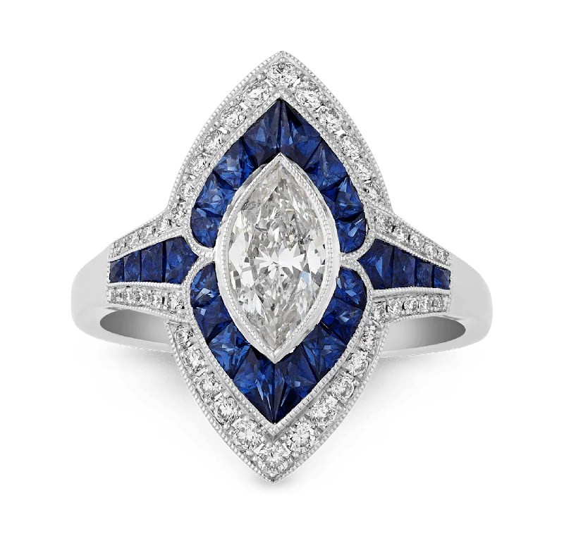 Women’s promise rings with subtle star engravings -Marquise Diamond Ring with Sapphires