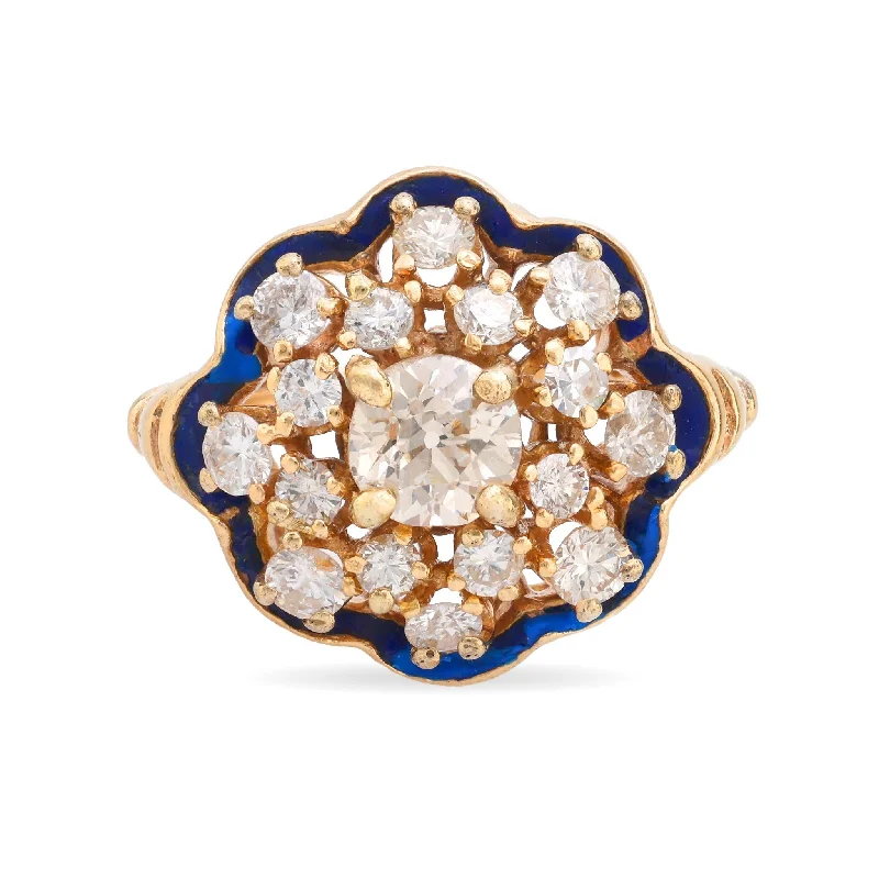 Women’s dainty rings with floral opal motifs -Vintage 1.70 carat total weight diamond 14k yellow gold enamel flower ring