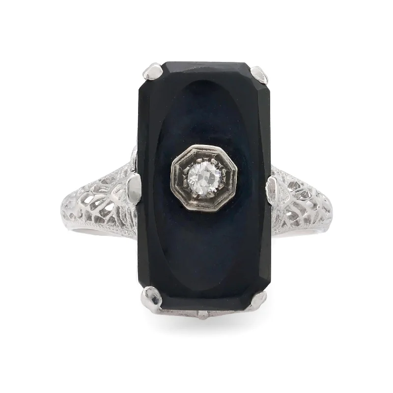 Women’s rings with radiant citrine for shine -Art Deco old European cut diamond onyx 14k white gold ring