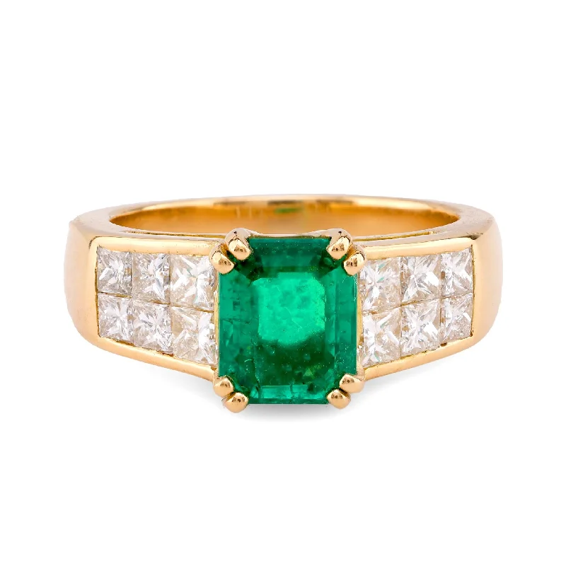 Women’s rings with pearl clusters for elegance -Vintage French GIA 1.25 Carat Colombian Emerald Diamond 18K Yellow Gold Ring