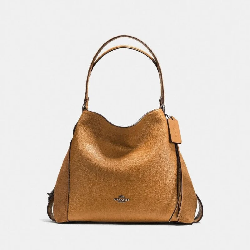 Handle bags with vegan suede for softness -Coach Edie Shoulder Bag 31 In Mixed Leathers Dark Gunmetal/Light Saddle - Brown - Small