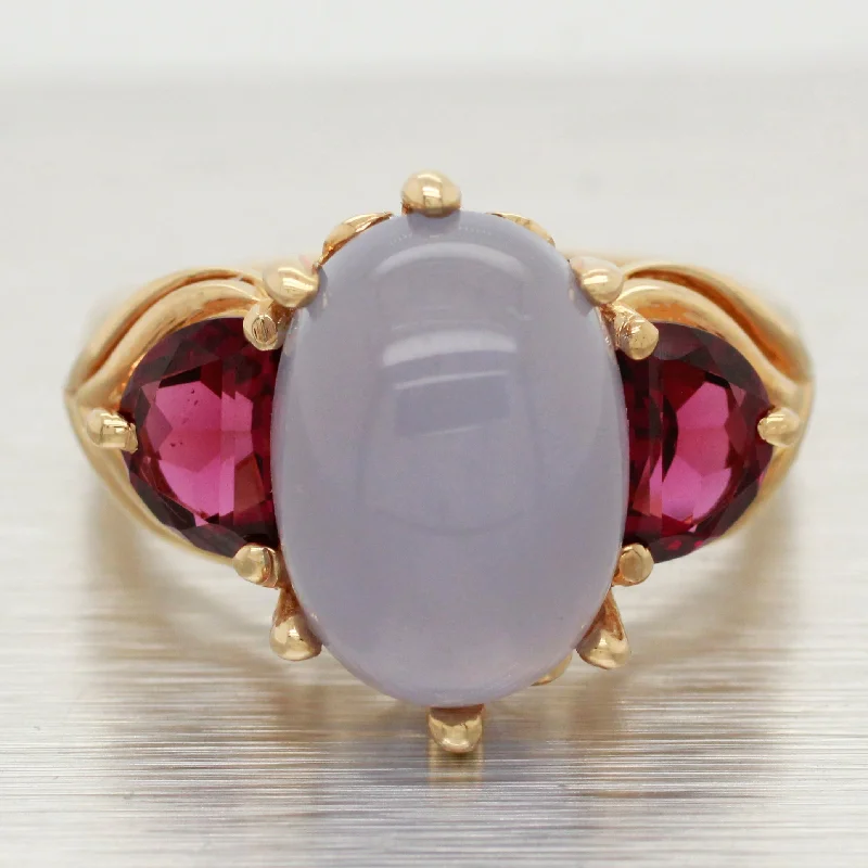 Women’s rings with shield-cut topaz stones -Vintage Light Cabochon Amethyst Cocktail Ring - Garnet Accents - 14k Yellow Gold