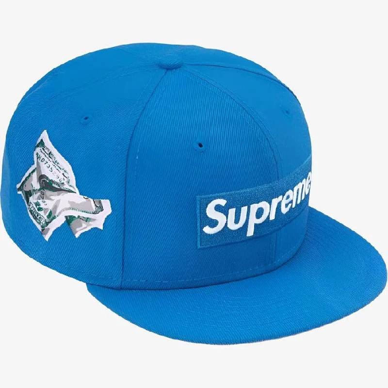 Embroidered cap with custom team initials -Supreme x New Era Fitted Hat 'Money Box Logo' Light Blue (FW22)