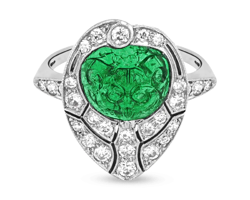 Women’s rings with channel-set peridot gems -Art Deco Carved Emerald and Diamond Ring