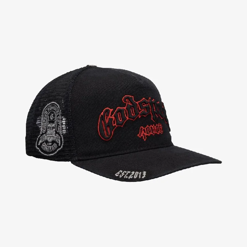 Lightweight cap with quick-dry fabric finish -Godspeed 'GS Forever' Trucker Snapback Hat Vintage Black / Red