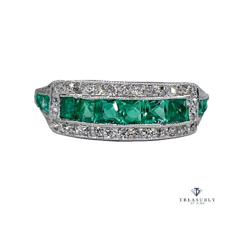 Women’s eternity rings with pave emerald bands -Art Deco 1.30ct Emerald & Diamond Wedding Engagement Anniversary Platinum Ring Band