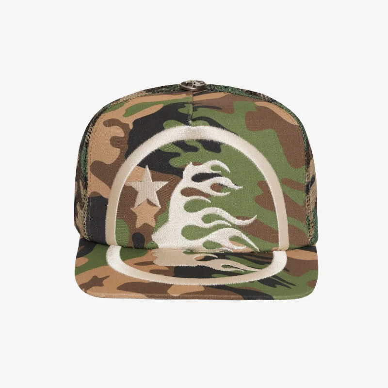 Premium snapback cap with embroidered artwork -Hellstar Studios 'Big Logo' Trucker Snapback Hat Camo