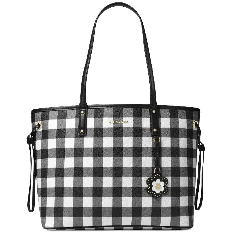 Vegan leather handle bags for eco-friendly chic -Michael Kors Gingham Leather Large Tote Black/White