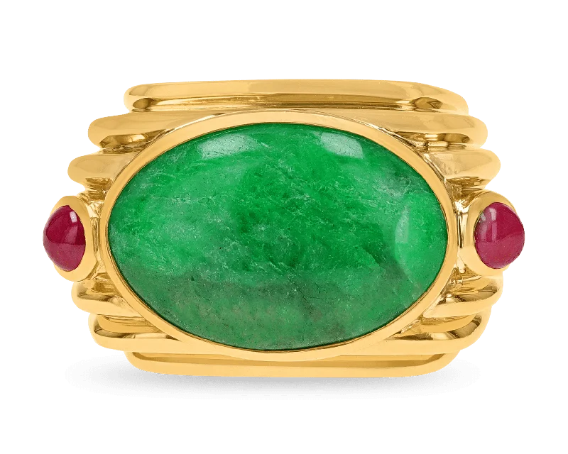 Women’s rings with rustic malachite band swirls -David Webb Jade and Ruby Ring