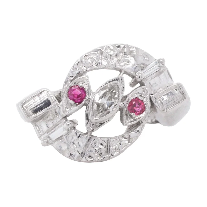 Women’s rings with spiral gold band twists -14k White Gold Marquise & Baguette 0.18ctw Diamond & 0.08ctw Ruby Swirl Ring