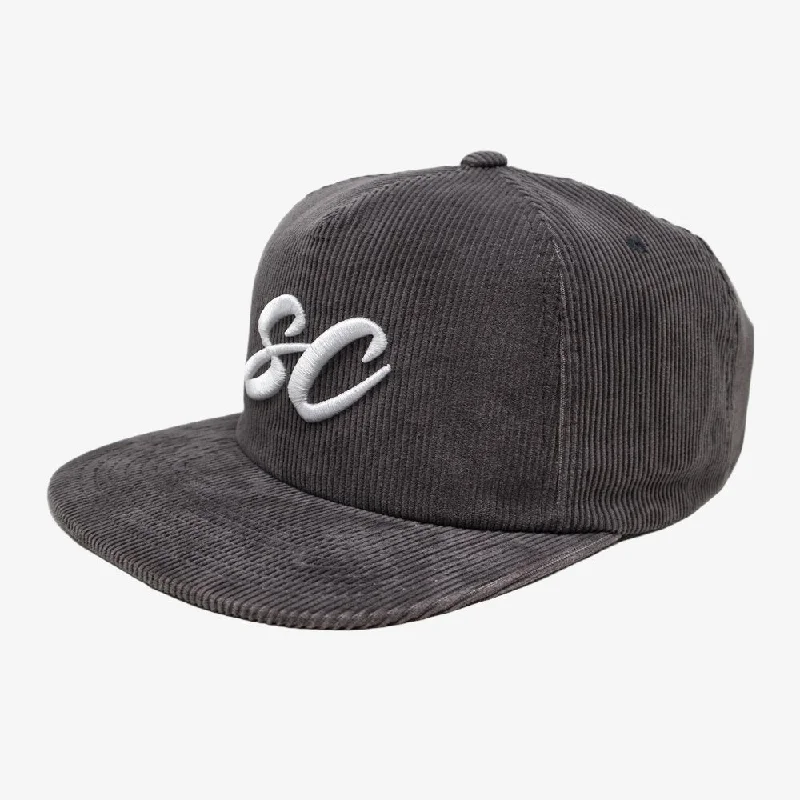 Minimalist cap with small stitched emblem -Scopd Corduroy Snapback Hat 'SC Logo' Charcoal Grey