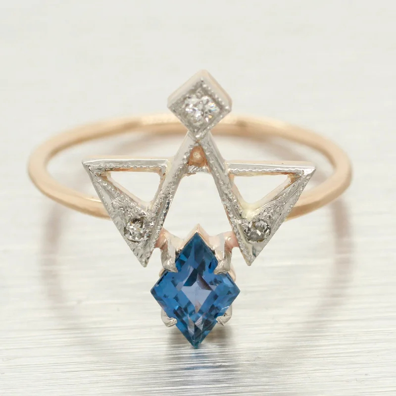 Women’s rings with starburst garnet for beauty -Antique Art Deco Blue Topaz & Diamond Masonic Ring - 18k Yellow Gold