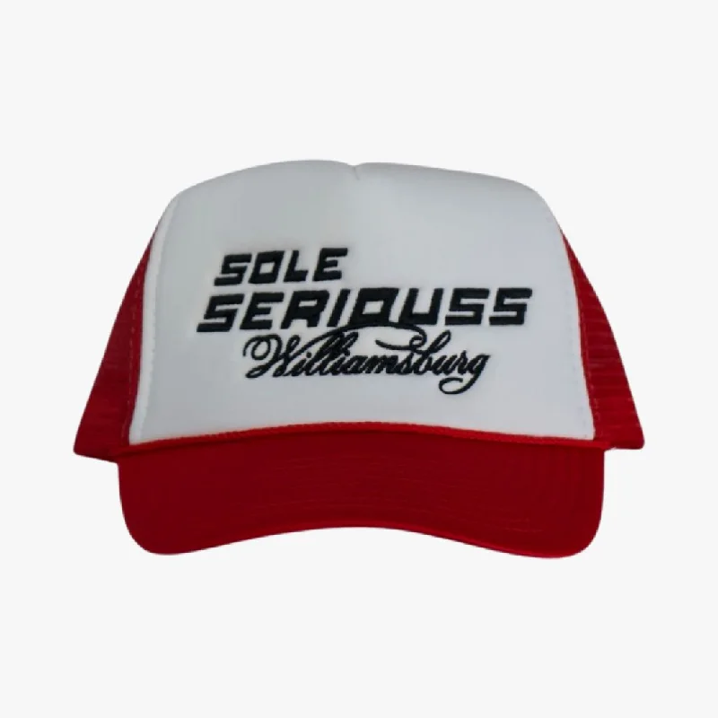 Bright cap for fun festival outfits -SOLE SERIOUSS 'Williamsburg' Trucker Hat Red (FW23)