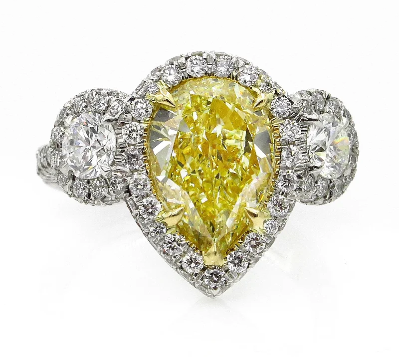 Women’s slim rings with pave sapphire accents -4.10ctw Natural Fancy YELLOW PEAR Shaped Diamond Diamond 3 Stone Halo Pave Platinum RING