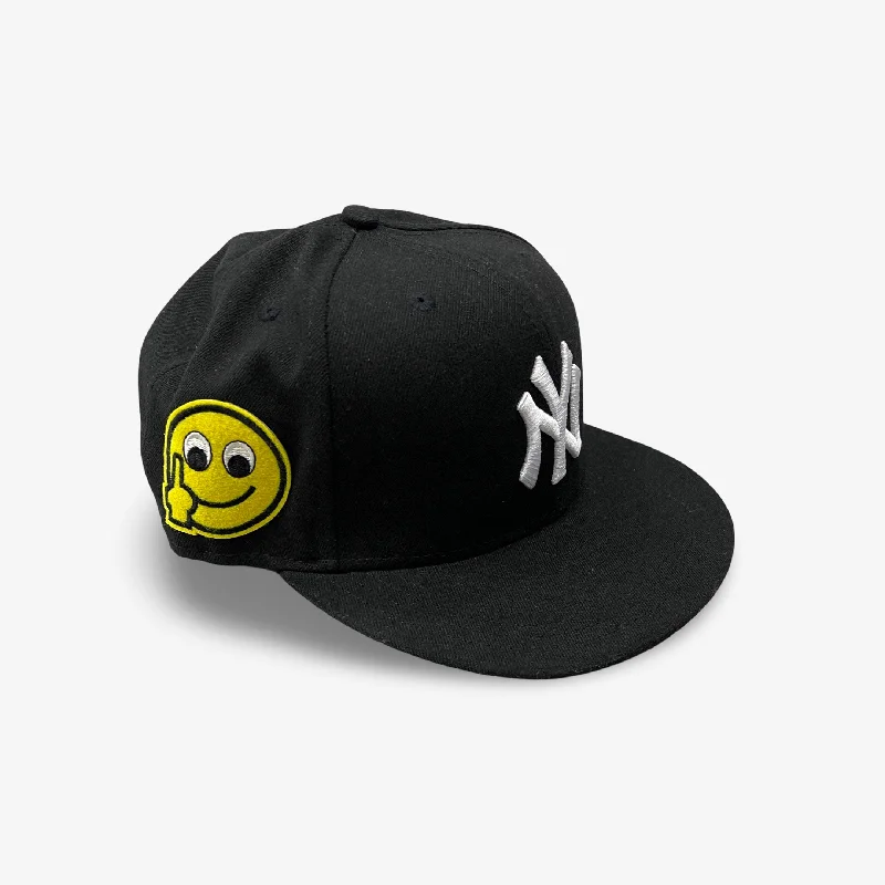 Adjustable strap cap for custom size comfort -New Era x I Never Heard of You Fitted Hat 'Smiley Face / F*ck Off' Black / White