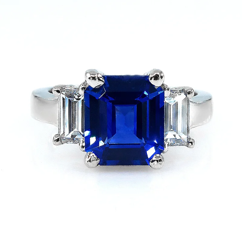 Women’s vintage-style rings with oxidized finish -4.19ctw Ceylon GIA Natural Royal Blue Sapphire and Diamond Platinum 3 Stone Ring